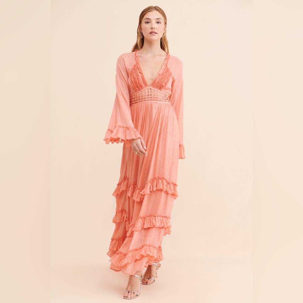 Free People Seraphina Maxi Dress Peach Boho Ruffle Women’s Size XL NWOT - Picture 4 of 11